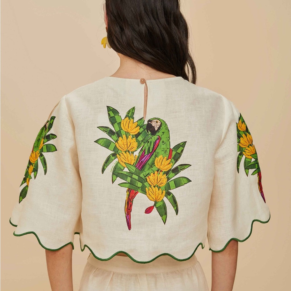 FARM Rio Cream Linen Crop Top with Green Parrot & Yellow Floral Print - Picture 4 of 11